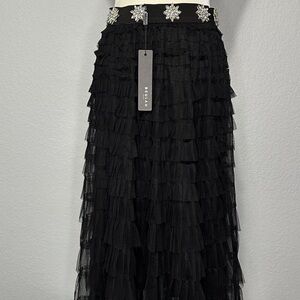 Beulah Black Tiered Tulle Maxi Skirt with Jeweled Waistband Small